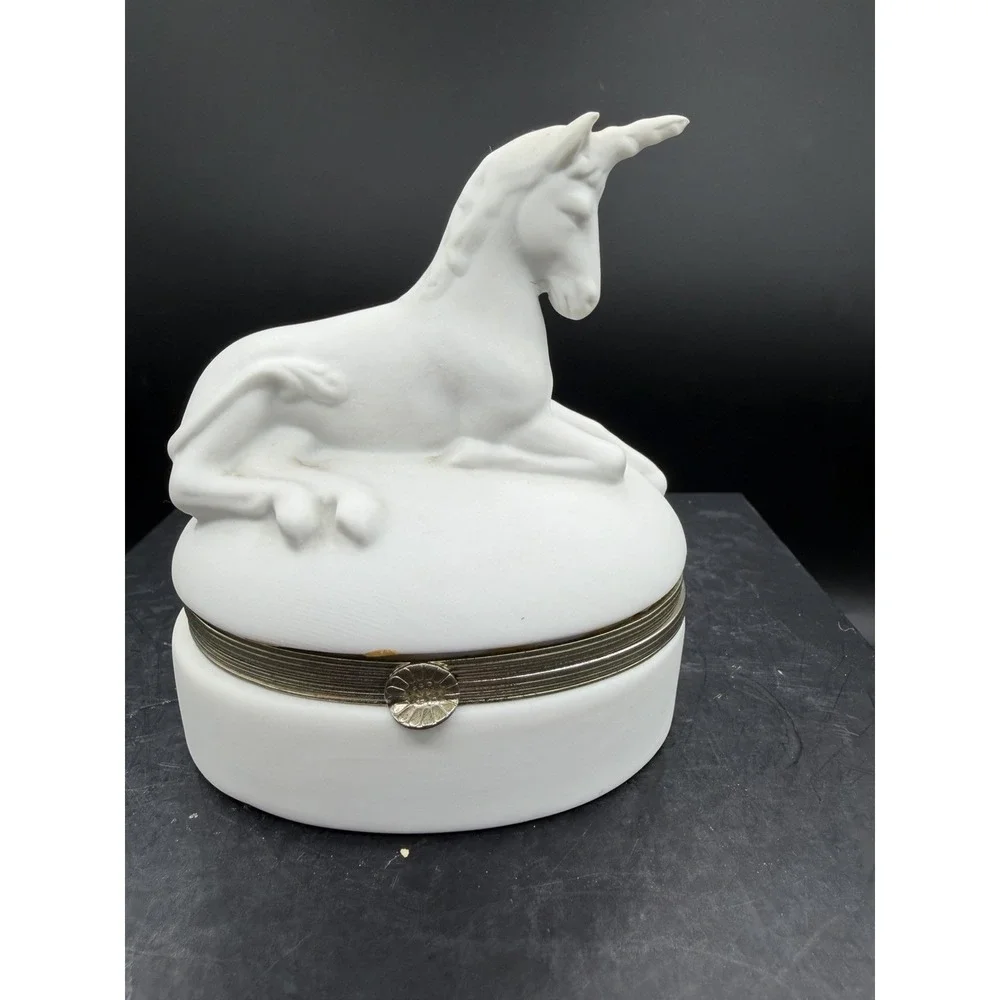 Vintage Mann Bisque Porcelain Unicorn Musical Trinket Box 🦄🎶 Plays